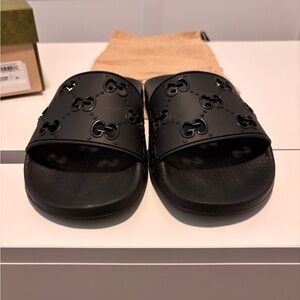 Gucci Black Embossed Slide Sandals